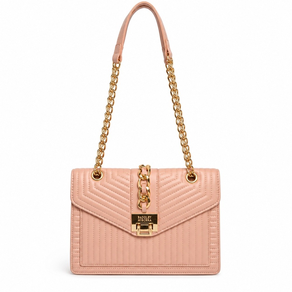 Badgley Mischka Quilted Blush Pink Shoulder Bag Gold Chain Turn-Lock Purse